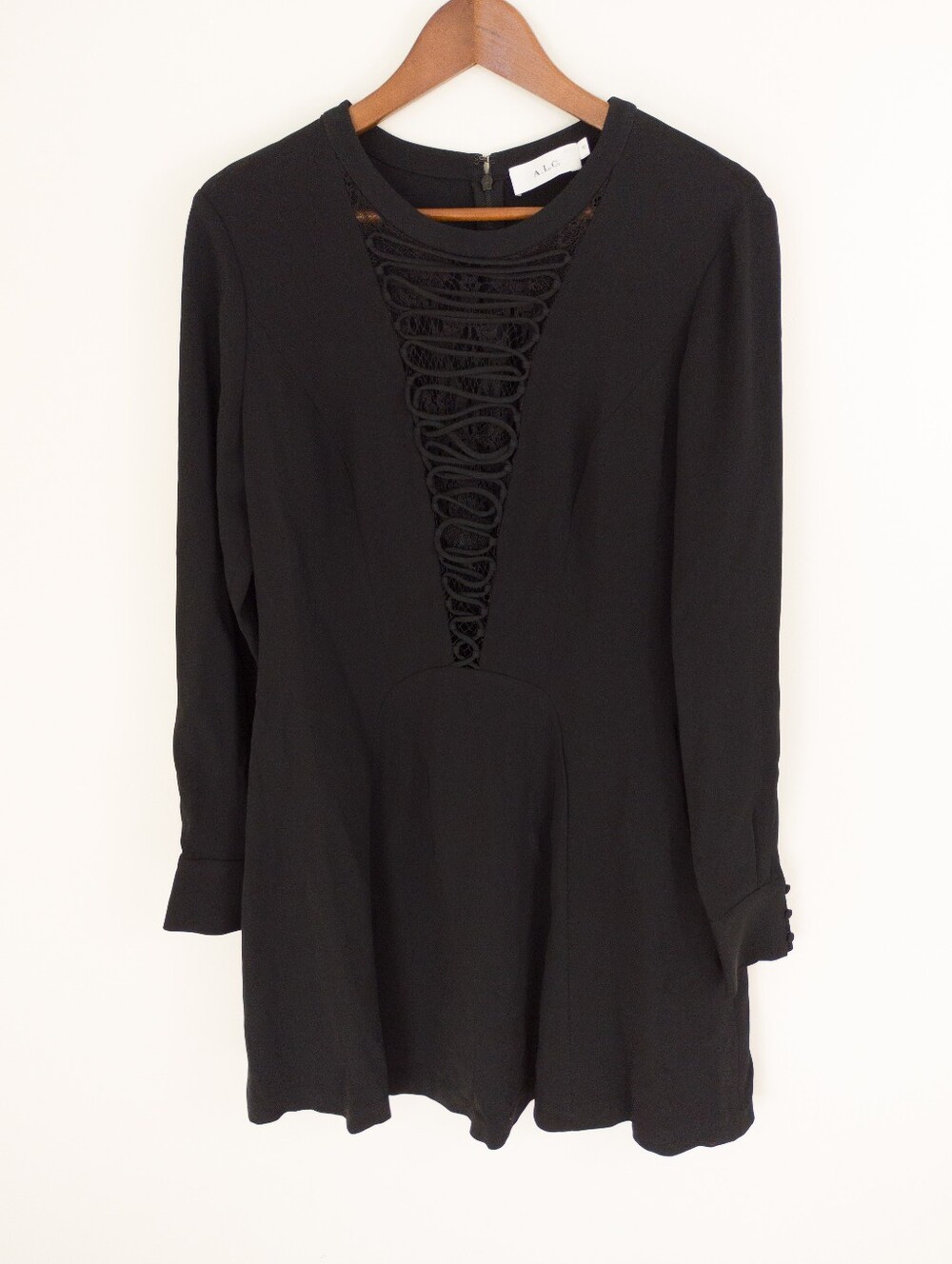 A.L.C. Wares Black Lace Plunge Loop Front Long Sleeve Dress Size 10